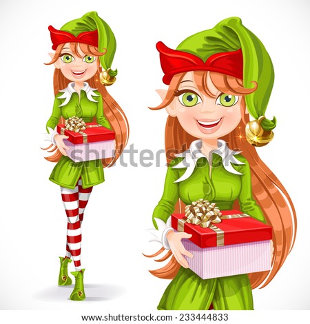 Cute girl Santa elf give a gift isolated on a white background