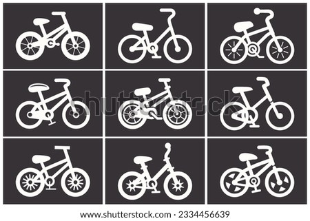 Vector Black Bicycle Icon Set. Simple Minimalistic Vector Bike Icon Collection. Cycling Sign, Bicycle Shape Isolated. Trendy Flat Bike Design Elements for Logo, Web, Social Media, UI, App. Side View