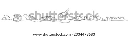 Set of fresh breads one line continuous drawing. Bakery pastry products continuous one line illustration. Vector minimalist linear illustration. Royalty-Free Stock Photo #2334473683