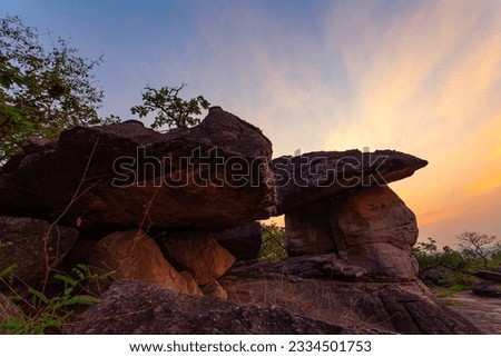 
scenery sunrise at weird shaped rock.
These stones have been meticulously formed by nature to create a stunning visual masterpiece.
The stones had been carved and shaped into incredible structures.
