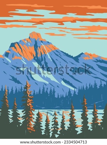 WPA poster art of Lila Lake on Rampart Ridge with Hibox Mountain in the Enchantments Alpine Lakes Wilderness of the Cascade Mountain Range in Washington State USA done in works project administration. Royalty-Free Stock Photo #2334504713