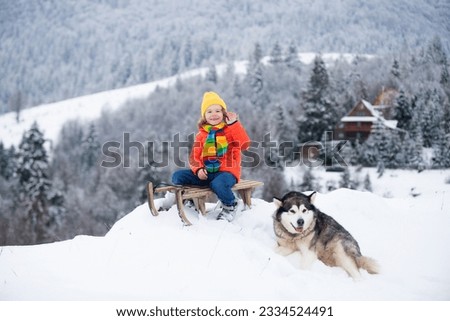 Boy with husky dog sledding on winter mountain, enjoying a sledge ride in a beautiful snowy winter park. Winter fun kids activities. Royalty-Free Stock Photo #2334524491