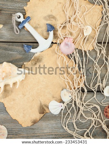 Decor of seashells wooden table background