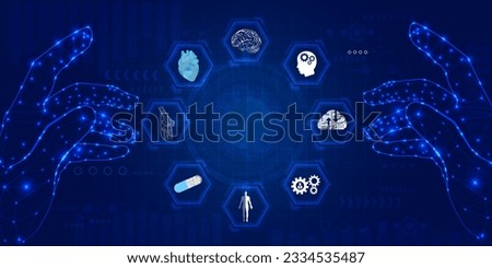 Futuristic medical cybernetic robotics technology. Human neural structure virtual hologram float away from robot hand. Innovation artificial intelligence robots assist care health. 3D Vector.
