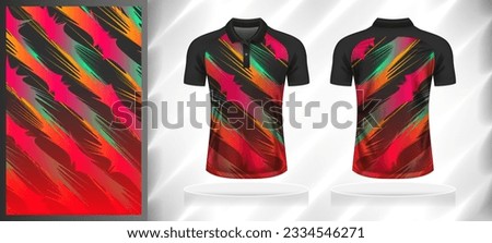 Vector sport pattern design template for Polo T-shirt front and back with short sleeve view mockup. Grey-pink-green-red-yellow color gradient abstract grunge line texture background illustration.