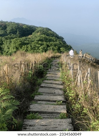 wooden boardwalk on the mountain in the morning
