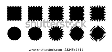 Zig zag edge square and circle shapes collection. Jagged patches set. Black graphic design elements for decoration, banner, poster, template, sticker, badge, collage. Vector illustration Royalty-Free Stock Photo #2334561611