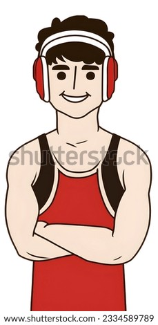 teenage guy wrestler smiling and wearing head gear illustration cartoon isolated, wrestling gear 