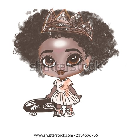 Cartoon african american girl with a crown with , little cute baby girl face