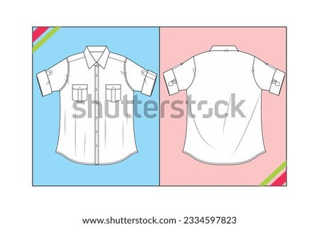 DENIM SHIRT, DOUBLE POCKET FASHION CAD PATTERN TEMPLATE TECHNICAL DRAWING ILLUSTRATION