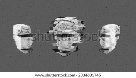 Image of three head sculptures pixelating on grey pattern background. Pattern, colour and movement concept digitally generated image.