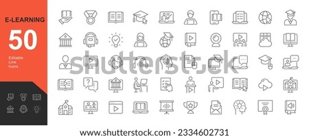 E-Learning Line Editable Icons set. Vector illustration in modern thin line style of learning icons:Laptop, Book and Video Tutorial training,  
Graduation cap,On-line Lecture, Education Plan and more Royalty-Free Stock Photo #2334602731