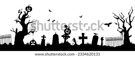 Halloween cemetery silhouette. Vector creepy graveyard with zombie hand, trees, bats, tombs, fence, jack lantern pumpkins and spider webs on white background. Horror night holiday necropolis design Royalty-Free Stock Photo #2334620131