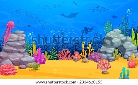 Cartoon underwater landscape with fish shoal silhouettes and seaweeds. Ocean or sea animals and plants scene, underwater life vector background with seaweed, corals and octopus, jellyfish, dolphin Royalty-Free Stock Photo #2334620155