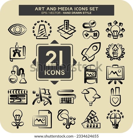 Icon Set Art and Media. related to Education symbol. hand drawn style. simple design editable