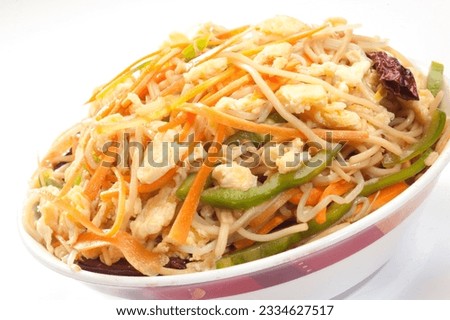 Singapore egg noodles. Is a popular Chinese-Japanese delicacy all over Japanese. Arabic, Chinese cuisine pictures, isolated on White background.