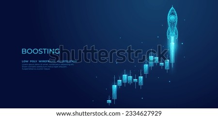 Digital rocket launch from the stock market candlestick in outer space. Boosting of investment profit concept. Low poly wireframe vector illustration with 3D effect on technology blue background.