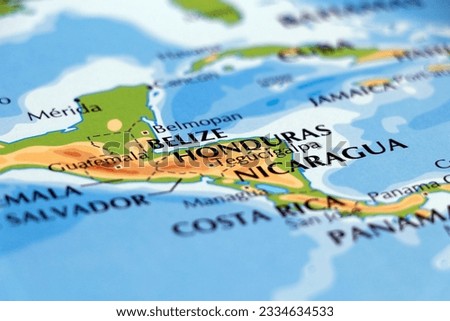 world map of south american coastal side and nicaragua, honduras, belize in close up focus Royalty-Free Stock Photo #2334634533