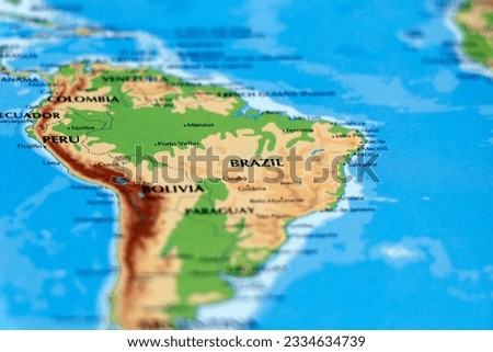 world map of south american countries and brazil, colombia, peru in close up focus Royalty-Free Stock Photo #2334634739