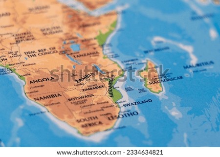 world map of african countries and arabian sea, madagascar, zimbabwe and zambia in close up focus