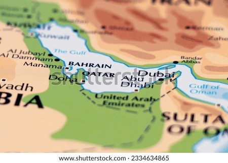 world map of middle east countries with close up focus qatar, bahrain and united arab emirates, dubai abu dhabi Royalty-Free Stock Photo #2334634865
