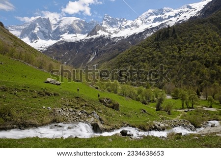 The valley of Champagny le Haut,Vanoise National Park, Northern French Alps, Tarentaise, Savoie, France, with the glacier Grande Motte in the background. Picture taken above the hamlet Laisonnay 