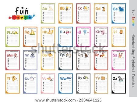 A-Z uppercase lowercase trace alphabet design for learning handwriting. A4 Printable Vector Illustration. worksheet with clip art for preschool kindergarten kids to improve basic writing skills Royalty-Free Stock Photo #2334641125