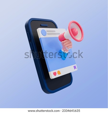 3d minimal social media advertisement. social media marketing. business announcement. smartphone with social media post and megaphone. 3d illustration. clipping path included.