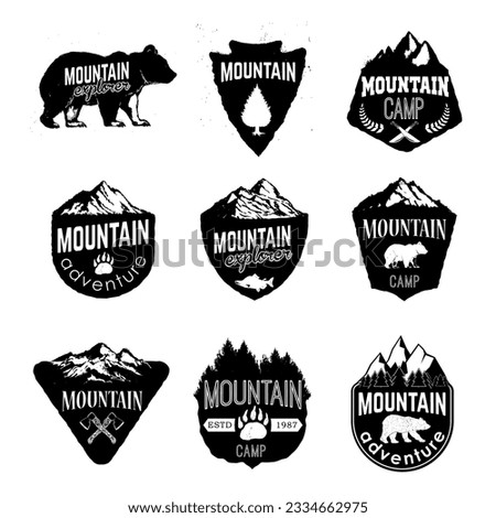 Mountain camp badges templates with mountains and trees isolated on white background. Camp outdoor adventure concept illustration