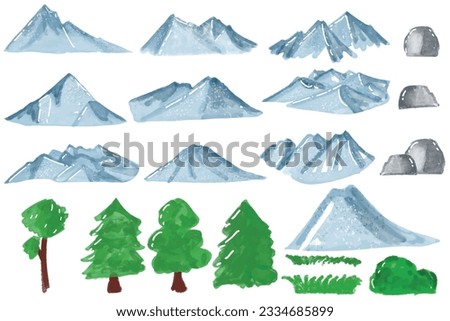 Set of blue mountain and trees element decoration background