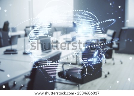 Double exposure of abstract digital world map hologram with connections on modern corporate office background, research and strategy concept