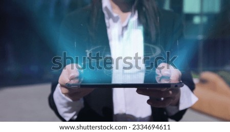 Friendly young businesswoman using digital computer tablet near office building. 3D Futuristic finance stock exchange market chart. 3d Animation.