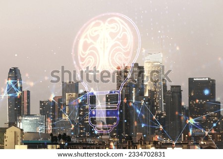 Abstract virtual creative light bulb with human brain hologram on Los Angeles office buildings background, artificial Intelligence and neural networks concept. Multiexposure