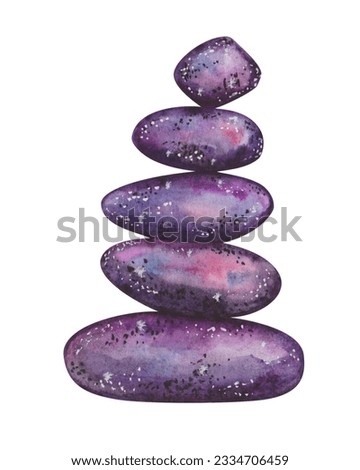 Watercolor illustration. Hand painted stones balancing on one another in purple, blue, black, violet colors. Rock balancing. Stacking. Space colors of starry night. Isolated clip art for banner