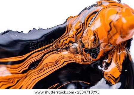 Background with abstract paint effect. Liquid picture with dinamic lines and fractals. Mixed paints for wall art or design poster. Backdrop similar to the landscape of movement lava. Yellow, orange