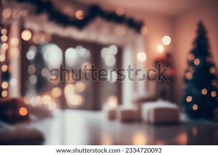 Beautiful blurred interior of a living room decorated for Christmas in warm cozy brown tones. Christmas tree, lights and gifts out of focus.