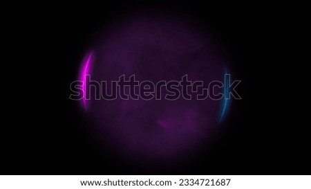 Neon glow. Smoke sphere. Sci-fi design. Defocused purple color vapor in blue pink light flare circle frame on dark black copy space abstract futuristic background.