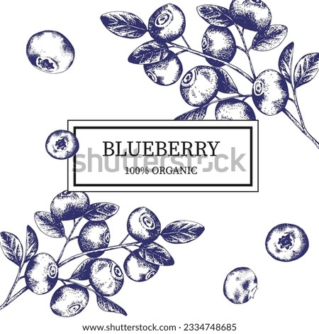 Vector label template with the image of a branch with blueberries in engraving style. Hand drawn blueberries Royalty-Free Stock Photo #2334748685