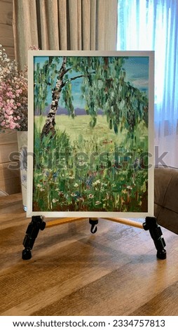 Oil painting on canvas in the style of impressionism birch. Forest landscape study. Author's artistic decorative painting Tree in the meadow.