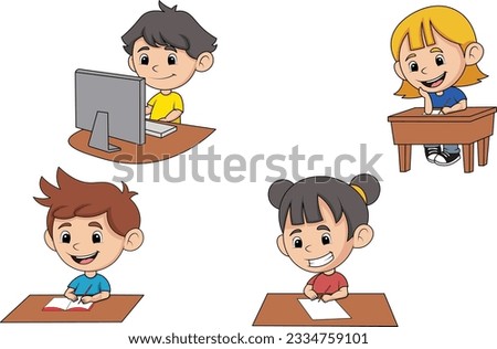 Cute Kids Doing Homework Cartoon Character Vector, Back To School