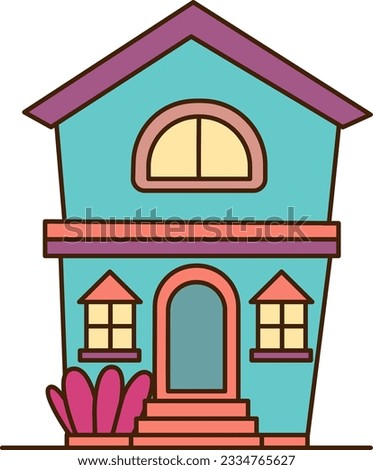 Vector blue house with two floors icon. Vector cartoon house with pink roof and two windows icon.