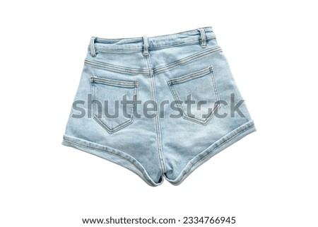 Cute elegant denim shorts with a ribbon at the waist, isolated on a white background. Rear view, top view