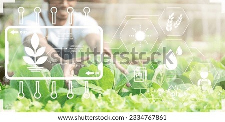 Hand touching plants green with and visual icon Smart farming on background. Science of plant research in nursery outdoor