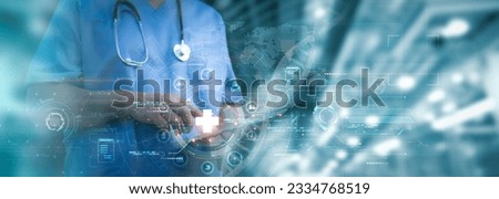 Medical worker touch virtual global healthcare network connection.Virus pandemic develop people awareness and spread attention on their healthcare in global.Medical technology futuristic concept. Royalty-Free Stock Photo #2334768519