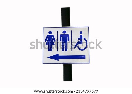 Signs Modern public toilet or bathroom sign white adjacent to brown iron isolated on white background. of men, women, people disabilities with person icon. Symbol notifying people.