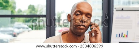 myasthenia gravis, african american man with eye syndrome having phone call and looking at camera, bold dark skinned office worker with smartphone, inclusion, professional headshots, banner