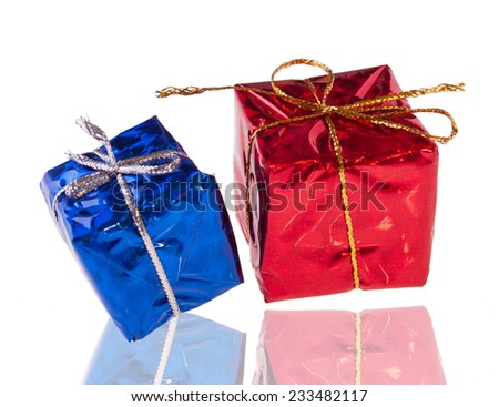 Red and Blue Decorative Present Boxes, Isolated on White