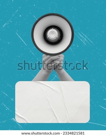 Art collage image of a hand with megaphone black and white with copy space. Concept of advertisement, call to action, or news. Royalty-Free Stock Photo #2334821581