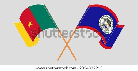 Crossed and waving flags of Cameroon and Belize. Vector illustration
