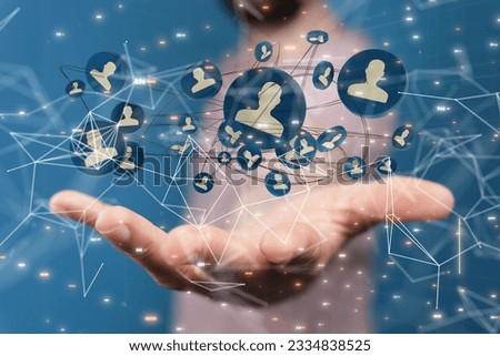 A 3d rendering of floating user icons over a man's hand. Concept of social networking